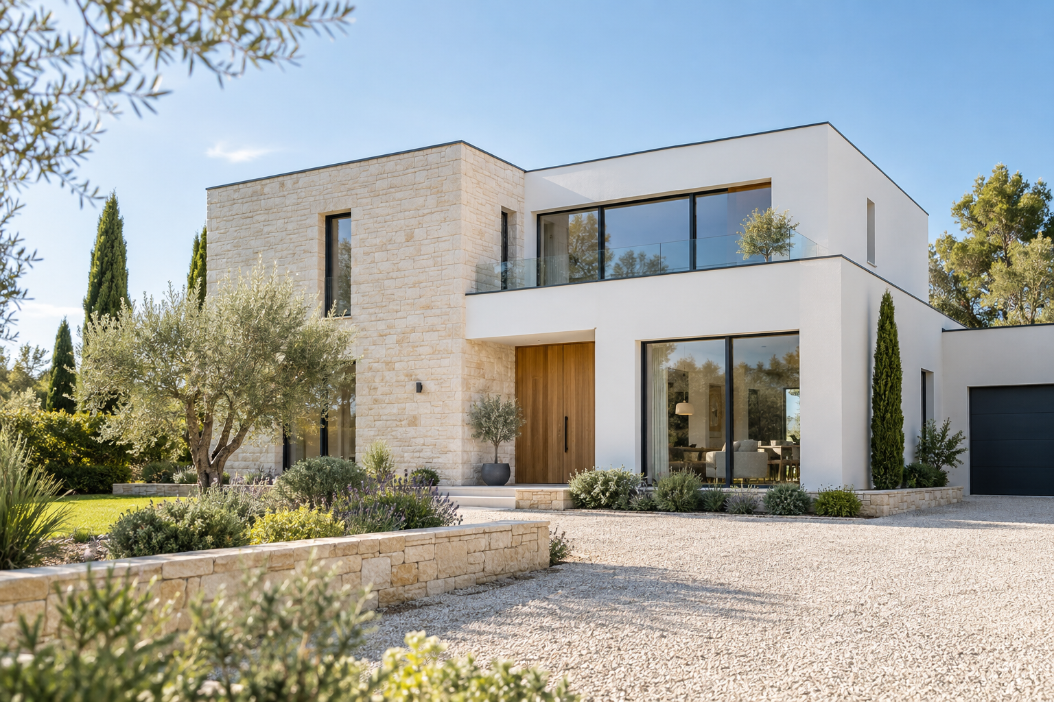 Maison contemporaine en pierre claire et grandes baies vitrées — illustration générée par IA