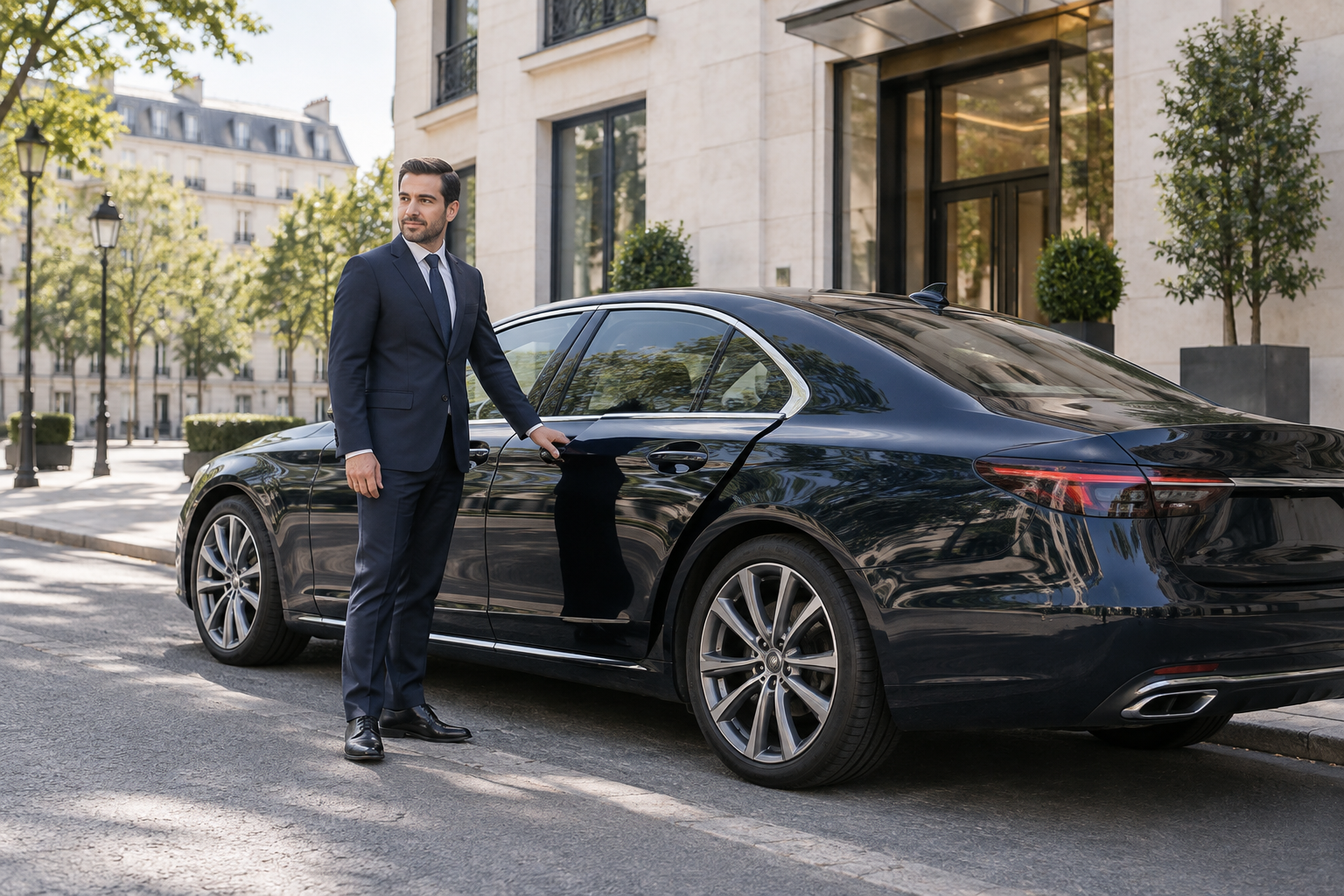 Chauffeur auprès d’une berline dans une rue française — illustration générée par IA
